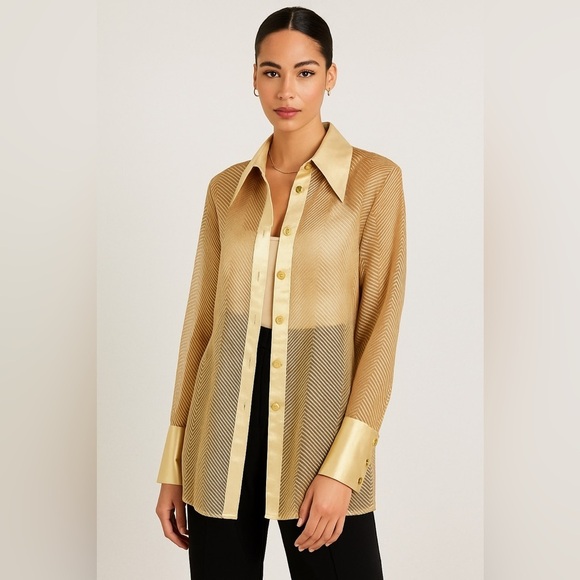 Dominique Tops - Dominique Gold Satin Button Down Blouse with Chevron Pattern Long Sleeve Size 45